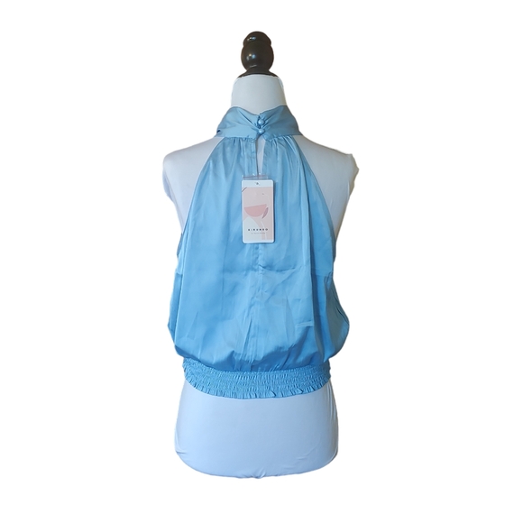 NWT Kirundo Sky Blue Satin Silk Crop Halter Sleeveless Tie Blouse Top Shirt M - Picture 5 of 11